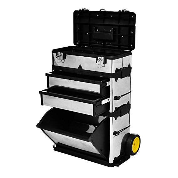 vidaXL 3-Part Rolling Tool box 2-Drawer Storage Chest Soft Rubber Wheels