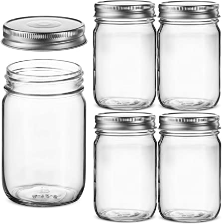 Glass Regular Mouth Mason Jars, 12 Ounce Glass Jars with Silver Metal Airtight Lids for Meal Prep, Food Storage, Canning, Drinking, Overnight Oats, Jelly, Dry Food, Spices, Salads, Yogurt (5 Pack)