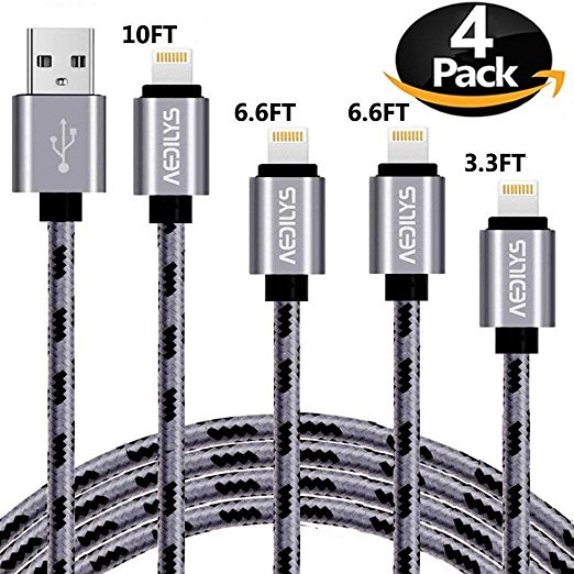 iPhone Charger, AEDILYS Lightning Charger 4 Pack [10FT 6FT 6FT 3FT] Long Nylon Braided Charging Cable Cord Lightning to USB Cable Charger for iPhone 8/ 7/ 6s/ 6/ Plus/ 5se/ 5s/ 5c/ 5, (Grey)