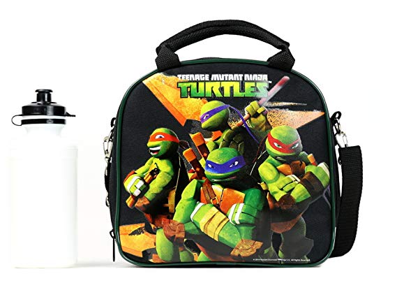 TMNT Ninja Turtles Lunch Box Carry Bag with Shoulder Strap and Water Bottle (BLACK)