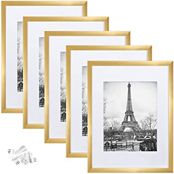 upsimples 12x16 Picture Frame Set of 5,Display Pictures 8.5x11 with Mat or 12x16 Without Mat,Wall Gallery Photo Frames,Gold