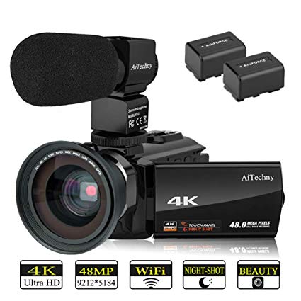 AiTechny 4K Camcorder Video Camera (with Microphone and Wide Angle Lens)