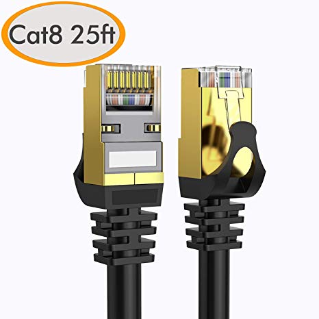Cat 8 Ethernet Cable 25 ft Shielded, Internet Network Computer Patch Cord–Faster Than Cat5/Cat5e/cat6/cat7 Network, Durable Cat8 High Speed LAN Wire with Rj45 Connectors for Router, Modem-Black