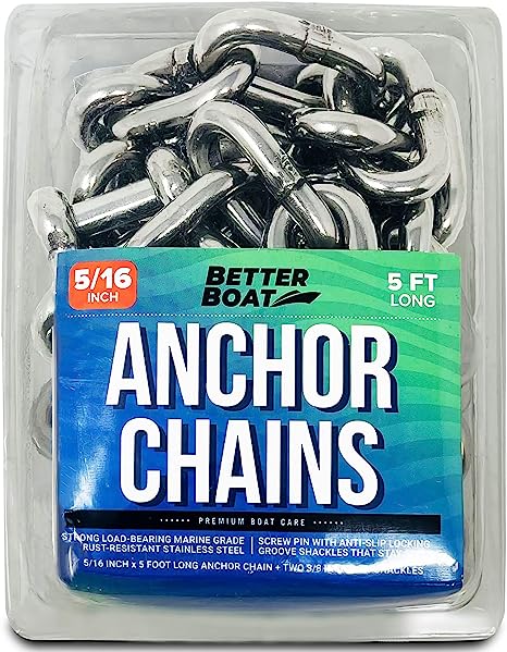 Boat Anchor Chain 4 Foot 1/4" or 5 Foot 5/16" Stainless Steel Anchor Chain and Double Shackle Link Ends Marine Grade Boat Accessories for Pontoon, Deck Boat, Open Fisher