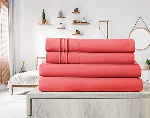 Elif Queen Size Bed Sheets Set - Brushed Microfiber, Super Soft Easy Care 4-Piece Bed Sheet Set with 14-Inch Deep Pocket, Machine Washable, Bedding Sheet Set (Coral, Queen)