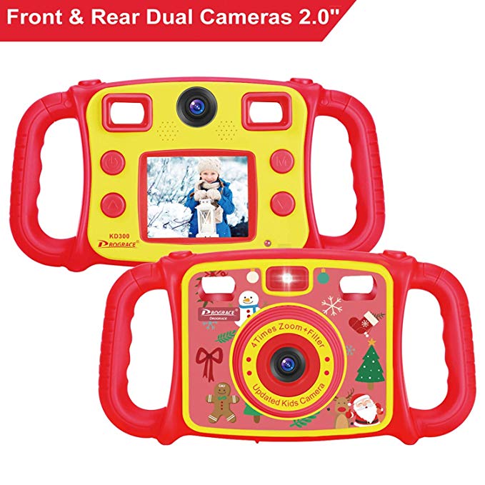 Prograce Kids Camera Dual Camera Selfie Digital Video Camera Camcorder for Boys Girls with 4X Digital Zoom, Flash Light and Funny Game（Red）