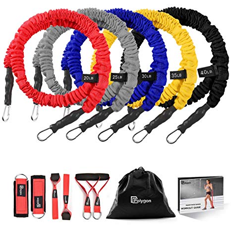 Resistance Bands Set, Polygon Upgraded Resistance Tubes with Anti-Snap Heavy Duty Protective Sleeves, Include 5 Stackable Exercise Bands, Door Anchor, Legs Ankle Strap, Foam Handle