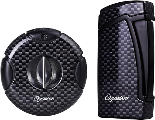 Carbon Fiber Style Cigar Lighter Cutter Set, Double Torch Flame W/Cigar Punch, Rould V-Cut Up to 56 Ring Gauge (Black)