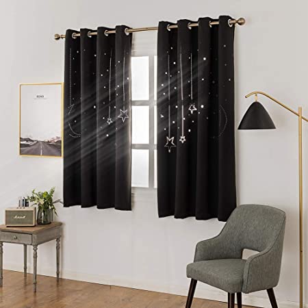 MANGATA CASA Kids Star Blackout Curtains Grommet Thermal 2 Panels for Bed Room,Cutout Galaxy Window Curtain Darkening Drapes for Nursery Living Room(Black 52x63in)