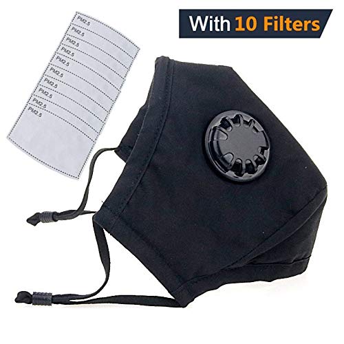 HOLIIBN Anti Pollution Smoke Mask with Exhaust Valve   10 FILTERS, N95 N99 Carbon Activated, Air, Dust, Smoke Filter - Cotton Washable Respirator Breathing Mask with Adjustable Straps & Nose Bridge.