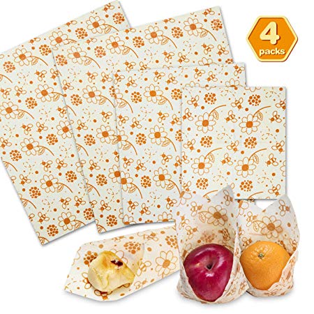Beeswax Food Wrap, Reusable Food Wrap Bee Wax Wrap 4 Pack for Sandwich, Cheese, Fruit, Bread, Snacks, non plastic food storage 1 Small, 1 Medium, 2 Large