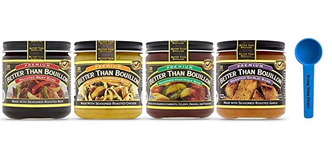 Better Than Bouillon Variety Pack: Beef Base, Chicken Base, Vegetable Base, Garlic Base 8oz jars (1 Each, 4 Pack) Bundle with PrimeTime Direct Teaspoon Scoop with BTB Authenticity Seal in a BTB Box