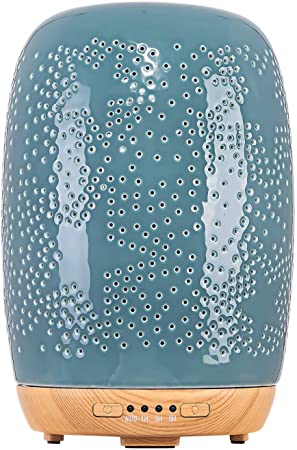 MASEN 250ml Essential Oil Diffuser Ceramic Cylindrical Pentagram Aromatherapy Cool Mist Humidifier with Color Changing Light Optional Timer Smart Shut Off (Light Green)