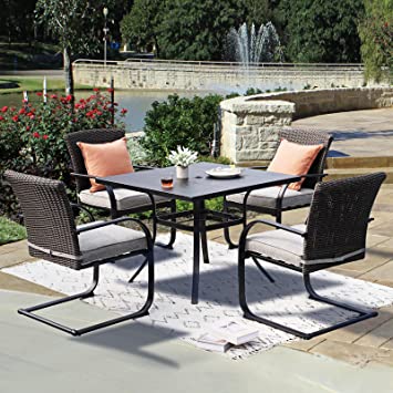 Grand Patio Outdoor 5 Piece Dining Table Set, Modern Woodgrain-Look Metal Table and Wicker Chairs for 4, Patio Furniture Set for Yard, Backyard, Garden, Deck, Poolside, Grey