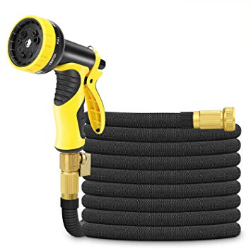 Cysmile 50ft Expandable Garden Hose, Triple Layer Latex Core and All Brass Connectors Expanding Water Hose with 9 Pattern High-Pressure Water Spray Nozzle for Plant Watering & Car,Pet Washing Black