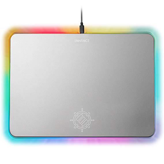 ENHANCE Metal LED Gaming Mouse Pad - Large Aluminum Alloy Surface with Multi-Color Transparent Edges, Non-Slip Rubber Grip, Sleek Precision Tracking for Esports - Silver