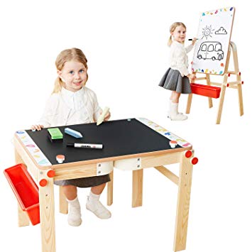 TOP BRIGHT Wooden Art Easel for Kids Art Table and Storage,Desk Child Easel and Chalkboard