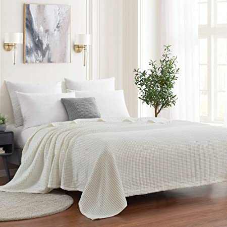 Sweet Home Collection 100% Fine Cotton Blanket Luxurious Breathable Stylish Design Soft and Comfortable All Season Warmth, King, Waffle Weave Ivory