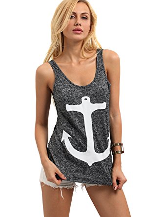 ROMWE Women's Boat Anchor Print Sleeveless Tank Tops Vest Blouse