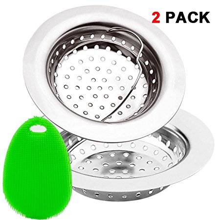 2 Pieces Kitchen Sink Strainer Baskets by EZColoris, with Silica Cleaning Pad Stainless Steel 3mm Hole Filter Large Rim Diameter 4.3 inch Anti Clogging for Sink Drain