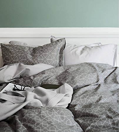 Mid Century Modern Bedding Geo Print Duvet Quilt Cover Set Light Grey Taupe Geometric Triangle Elements Chevron Pattern 100% Cotton Minimalist Design (Queen, Grey)