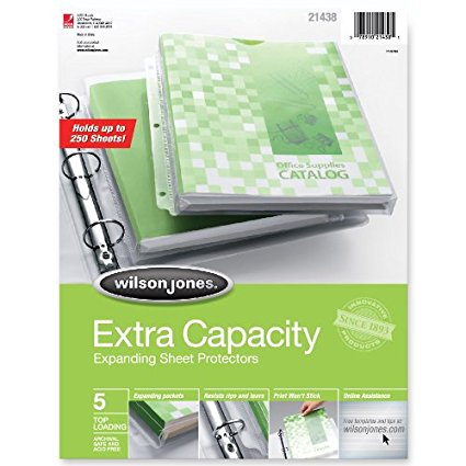 Wilson Jones Extra Capacity Top-Loading Sheet Protectors, 250 Sheet Capacity, Letter Size, 5 Sleeves per Pack, Clear (W21438)