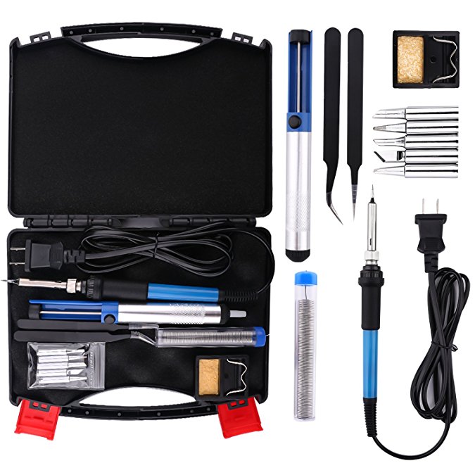 Electric Soldering Iron Kit - Housolution 60W 110V Temperature Controller Welding Tool Outdoor Portable Repair Tool Handle DIY Kit with Carry Case, 5pcs Tips, Desoldering Pump, Stand, Tweezers (Black)