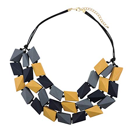 COIRIS 3 Layers Big Faceted Wood Beaded Strand Statement Necklace for Women Chunky Collar (N0018) (Gray   Dark Blue   Old Gold)