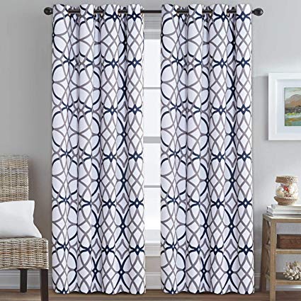 H.VERSAILTEX Thermal Insulated Blackout Curtain Drapes Home Fashion Window Treatment Panels for Bedroom/Living Room, Elegant Natural Feeling, Grey and Navy Geo Pattern (1 Pair, 52 x 84 Inch)