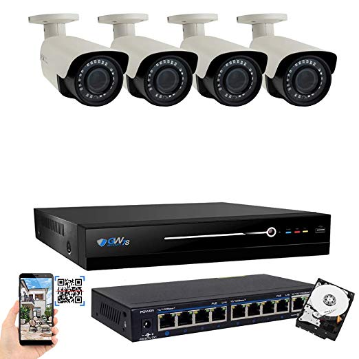 GW 8 Channel 4K NVR H.265 UltraHD 8MP 2160P IP PoE Security Camera System - 4 Outdoor/Indoor 2.8~12mm Varifocal Zoom 8.0 Megapixel 4K Camera, 120ft Night Vision, Free Remote View