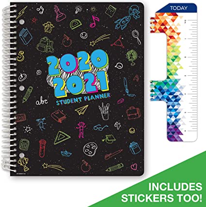 Dated Elementary Student Planner for Academic Year 2020-2021 (Matrix Style - 8.5"x11" - Subjects Cover) - Bonus Ruler/Bookmark and Planning Stickers
