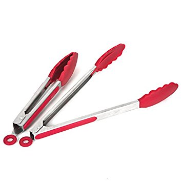 Yoheer barbecue clip,Silicone Tongs,stainless steel outdoor barbecue supplies accessories,bread baking tools, barbecue food clip (Cherry Red)