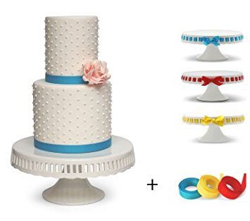 Pedestal Footed Cake Stand with Interchangeable Ribbon Trim (Includes 3 Grosgrain Ribbons) - Perfect for Wedding Cakes Baby Showers Birthdays, 10-inch Round
