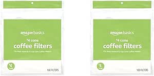 Amazon Basics Number 4 Cone Coffee Filters for 8-12 Cup Coffee Makers, White, 100 Count (Pack of 2)