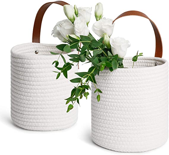 POTEY 720201 2pack Cotton Rope Woven Hanging Basket - Woven Fern Hanging Basket Flower Plants, White(Medium Large, Plant NOT Included)