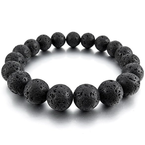 INBLUE Men,Women's 12mm Energy Bracelet Link Wrist Simulated Lava Rock Black Buddha Mala Bead