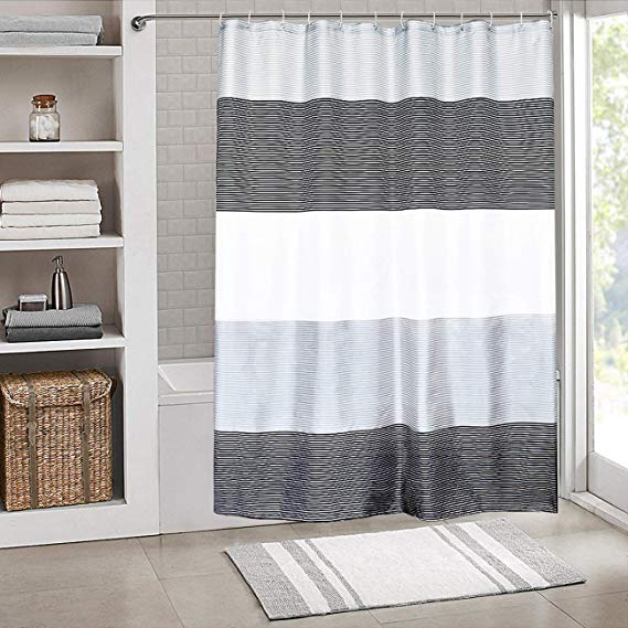 SHE'S HOME Shower Curtain Set Waterproof，Stripes Polyester Fabric for Bathroom Showers and Bathtubs，Grey & Black & White，72" W×72" L Size