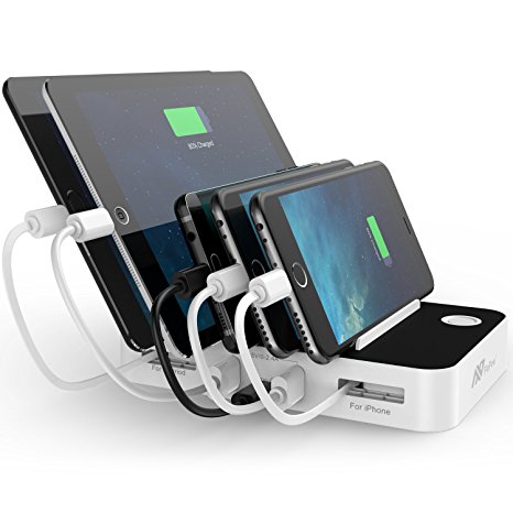 FlePow 5-Port USB Charging Station with Type-C Charge Port, Built-in Charge Cables, Cable Organizer for Samsung Galaxy S8, S8 plus, iPhone, iPad, Macbook, Androids, Tablets [Type-C Cable provided]