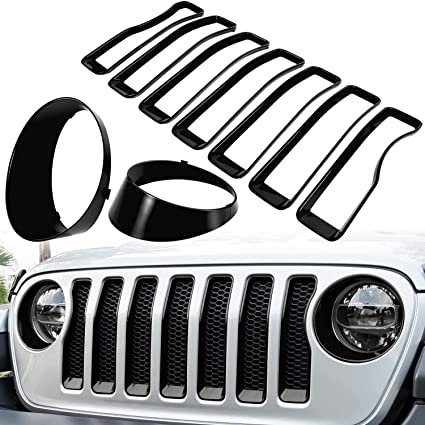 Front Grille Mesh Inserts & Headlight Cover for Jeep Wrangler JL JLU Unlimited Sport/Sports 2018-2023 Exterior Accessories Clip-in Grille Guard Cover Headlight Bezels Trim Ring (Black 9PCS)