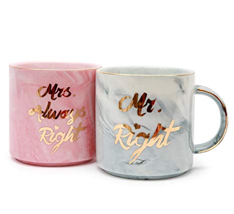 Luspan Mr. Right and Mrs. Always Right Funny Wedding Gifts - Gift for Bridal Shower Engagement Wedding and Married Couples - Anniversary Present for Husband and Wife - Ceramic Marble Cups 13oz