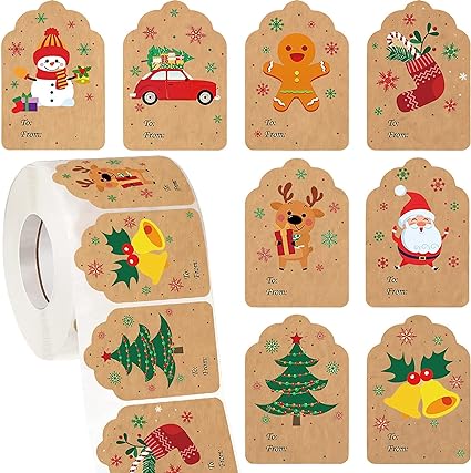 720 Pieces Self Adhesive Christmas Gift Tag Xmas Kraft Name Tags Natural Kraft Christmas Stickers Paper Tags Christmas Presents Labels for Christmas Present Decoration (Stylish Style)