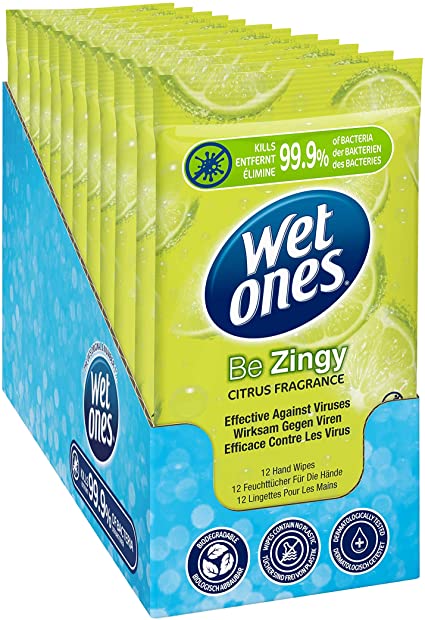 Wet Ones Be Zingy Sustainable Antibacterial Wipes, 144 Wipes (12 Packs of 12 Wipes)