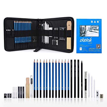 33 Piece Professional Art Kit Drawing Pencils with Sketch Kit, Charcoal Pencils, Graphite Pencils, Erasers and Free Sketchpad with Kit Bag