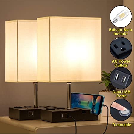 ZEEFO Touch Table Lamps with 2 Phone Stand, 3 Way Dimmable Nightstand Lamp with Dual USB Port, 2 AC Outlet & 2 Edison LED Bulbs Include,White Fabric Shade Bedside USB Lamp Ideal for Bedroom (set of 2)