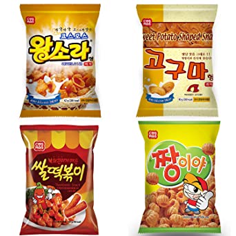 Korean Snacks 4 Variety Pack - Jjangiya , Spicy Hot Rice Topokki, Sweet Potato, Shell shape Snack Treats for Kids, Students, Adult and Senior Korean Soul Snacks by Unha's Asian Snack Box