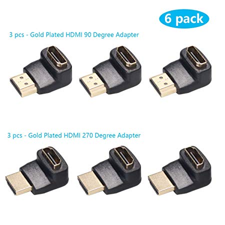 YouBoost (3 pcs) Gold Plated HDMI 90 Degree Adapter Right Angle Connector and (3 pcs) HDMI 270 Degree Adapter,3D 4K 1080P HDMI 90/270 Degree Male to Female Adapter,HDMI L Adapter Elbow Connector