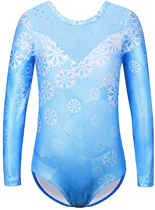 TFJH E Gymnastics Leotard for Girls 3/4 Sleeve Sequin Mesh Athletic Dancewear