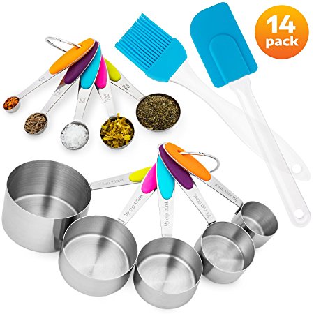 Stainless Steel Measuring Cups and Spoons Set   FREE Silicone Spatula and Cooking Brush by DYkitchen
