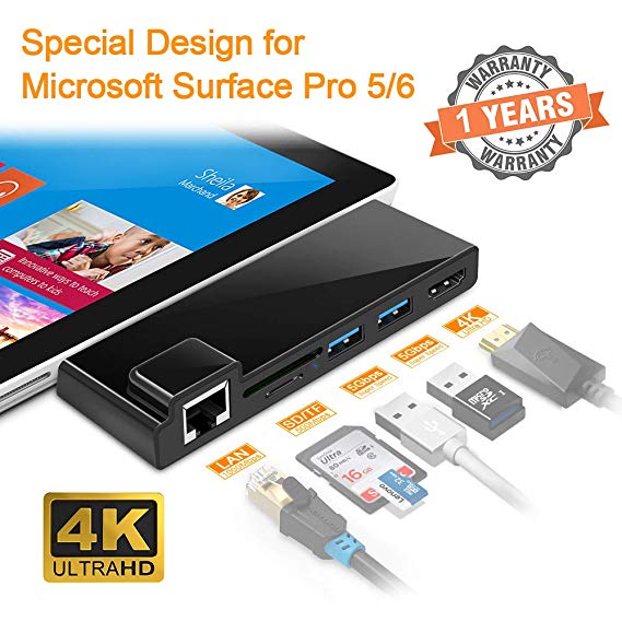 Rocketek Microsoft Surface Pro 5 Pro 6 USB 3.0 Hub, Build-in TF & SD Card Reader, Dual Port USB Hub, Mini DP to 4K HDMI Converter Adapter and RJ45 Gigabit Ethernet LAN Combo Docking Station