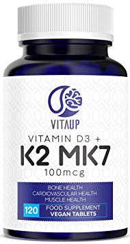 VitaUp Vitamin K2 MK7 with D3 | 120 Vegan Organic Tablets High Strength D3 and K2 100 mcg | Support for Your Heart Bones Blood Muscle & Teeth | 4 Months Supply